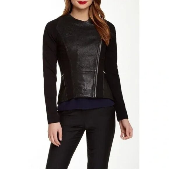 Ted Baker London Black Genuine Leather Fabric Contrast Meyaa Moto Jacket 8 - Picture 1 of 8